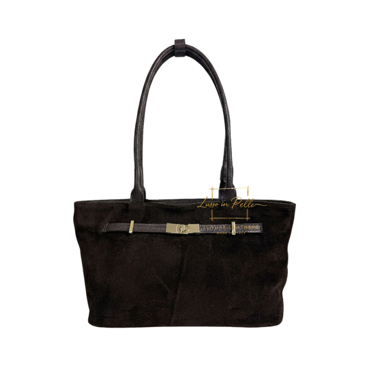 Genuine Leather Suede Shoulder Bag with Gold Turn Lock Detail