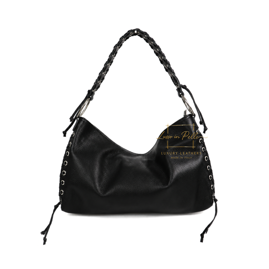 Genuine Leather Shoulder Bag with Lace-Up Detail