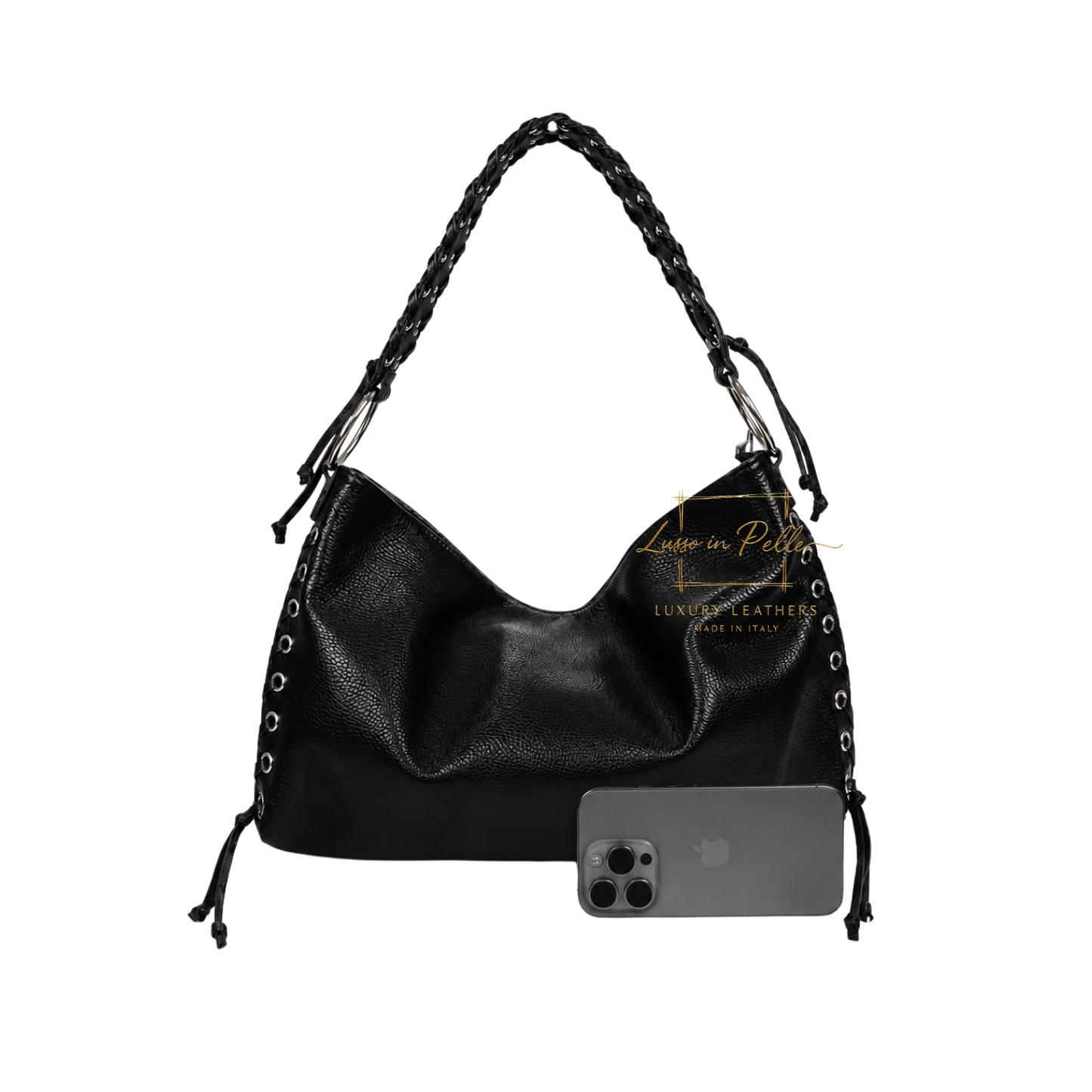 Genuine Leather Shoulder Bag with Lace-Up Detail