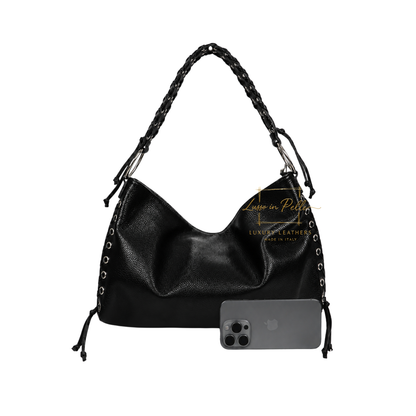 Genuine Leather Shoulder Bag with Lace-Up Detail