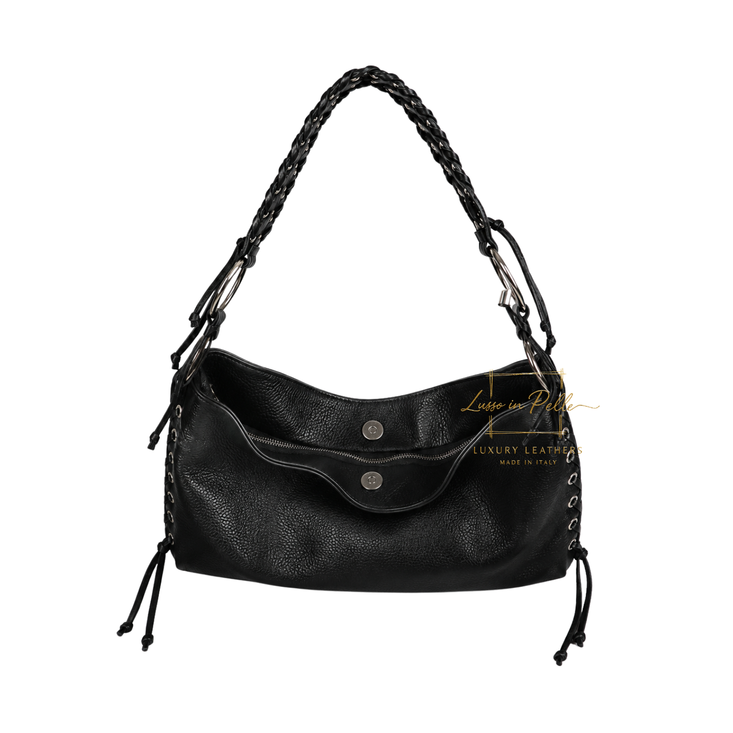 Genuine Leather Shoulder Bag with Lace-Up Detail
