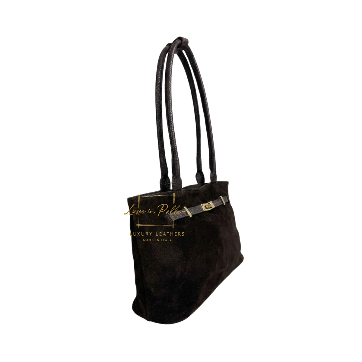 Genuine Leather Suede Shoulder Bag with Gold Turn Lock Detail