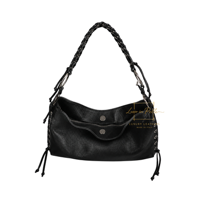 Genuine Leather Shoulder Bag with Lace-Up Detail