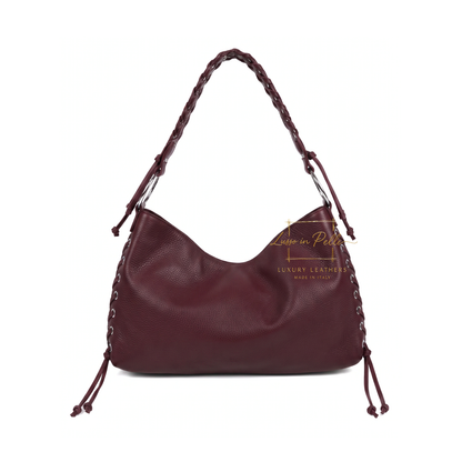 Genuine Leather Shoulder Bag with Lace-Up Detail