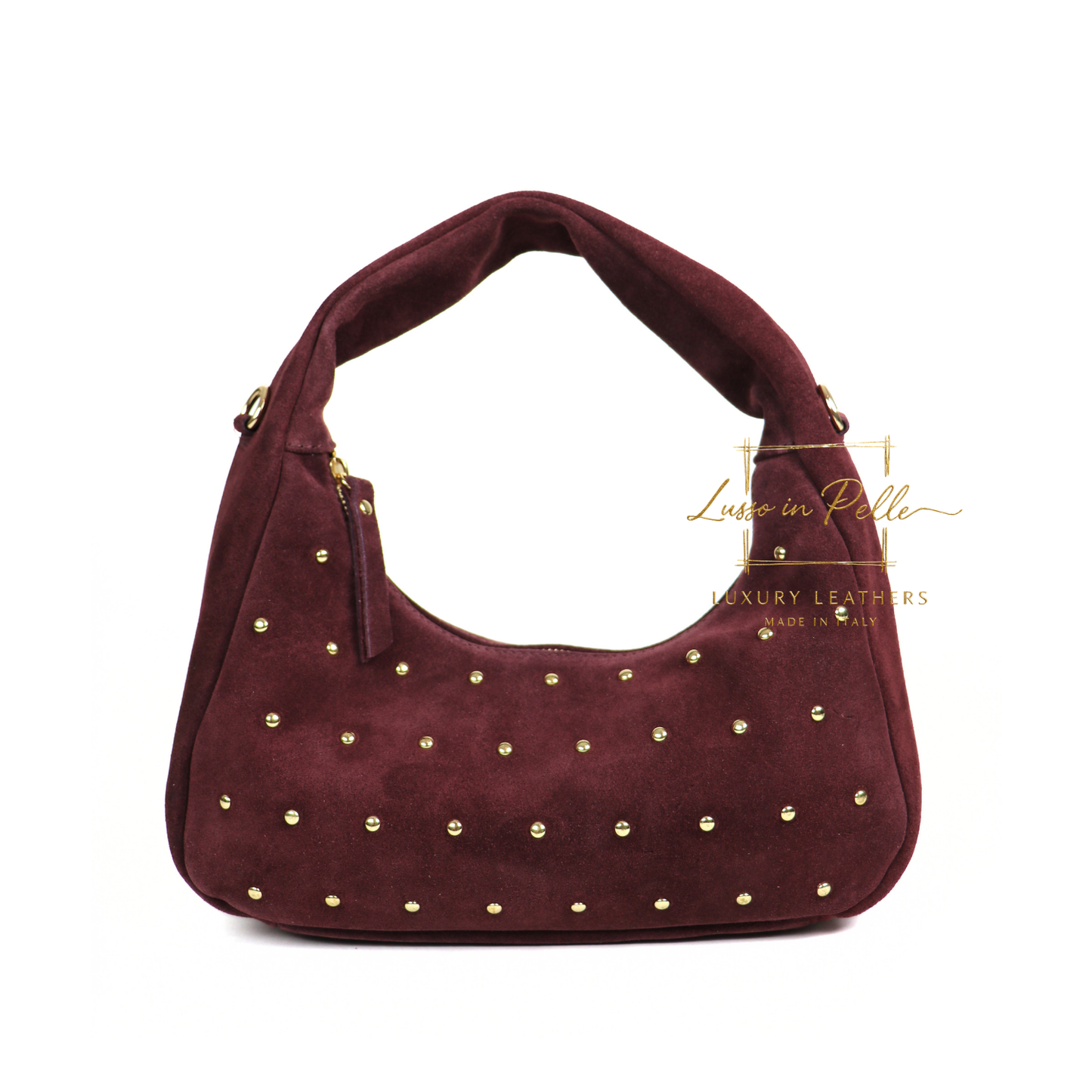Soft Genuine Suede Shoulder Bag with Gold Stud Detail
