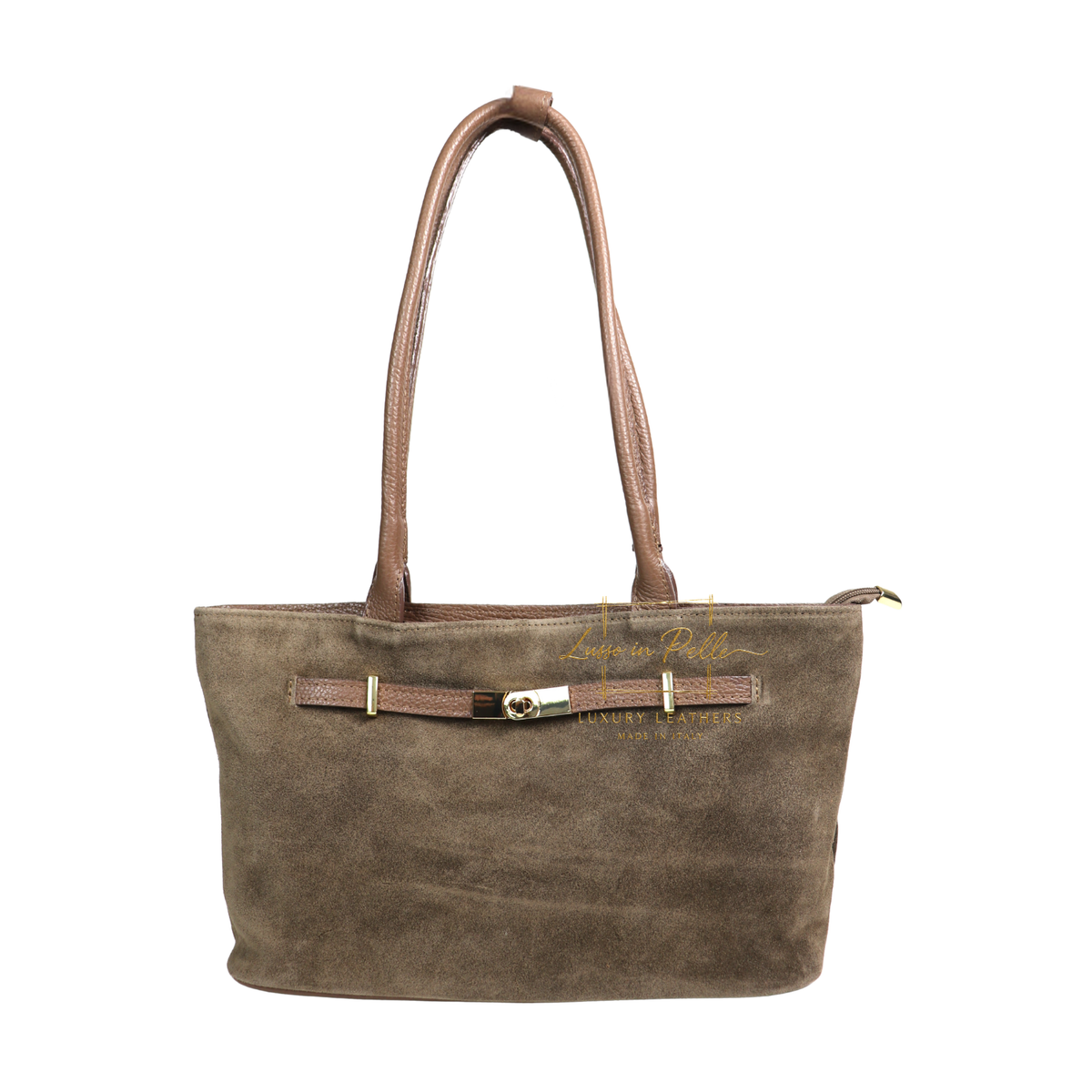 Genuine Leather Suede Shoulder Bag with Gold Turn Lock Detail