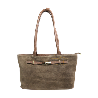 Genuine Leather Suede Shoulder Bag with Gold Turn Lock Detail