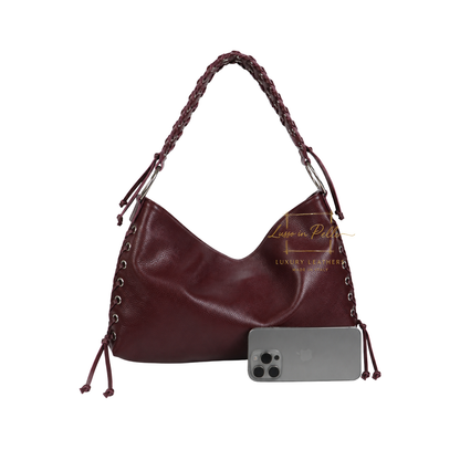 Genuine Leather Shoulder Bag with Lace-Up Detail