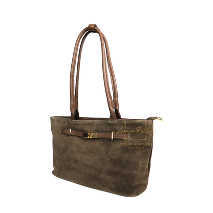 Genuine Leather Suede Shoulder Bag with Gold Turn Lock Detail