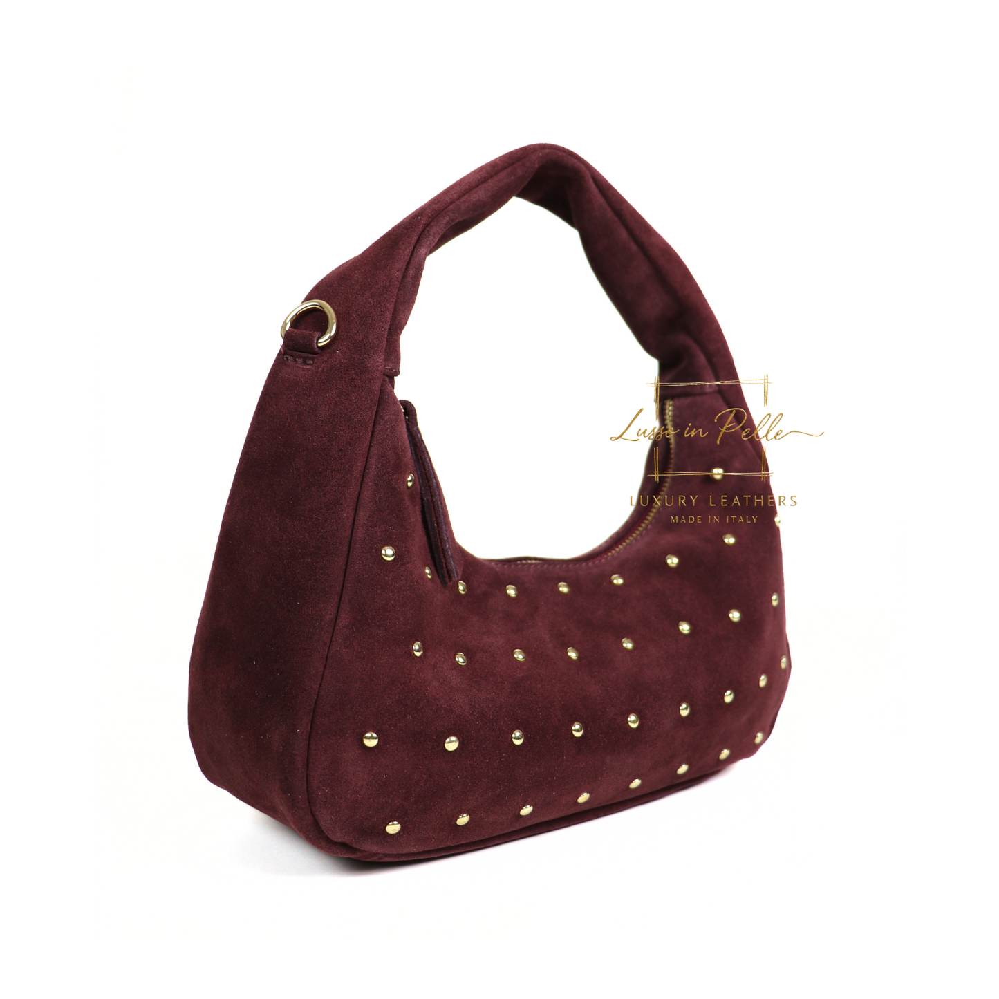 Soft Genuine Suede Shoulder Bag with Gold Stud Detail