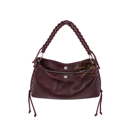Genuine Leather Shoulder Bag with Lace-Up Detail