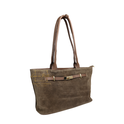 Genuine Leather Suede Shoulder Bag with Gold Turn Lock Detail