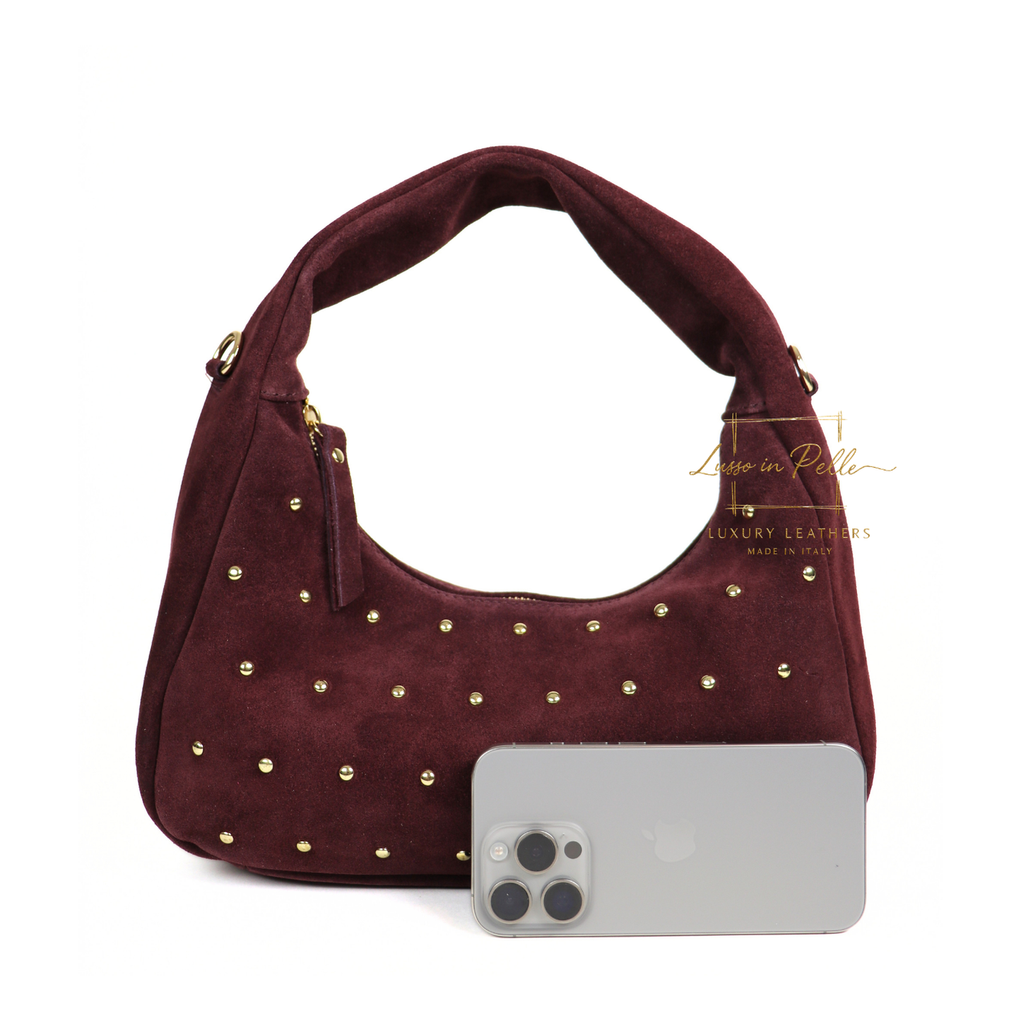 Soft Genuine Suede Shoulder Bag with Gold Stud Detail