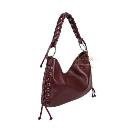 Genuine Leather Shoulder Bag with Lace-Up Detail