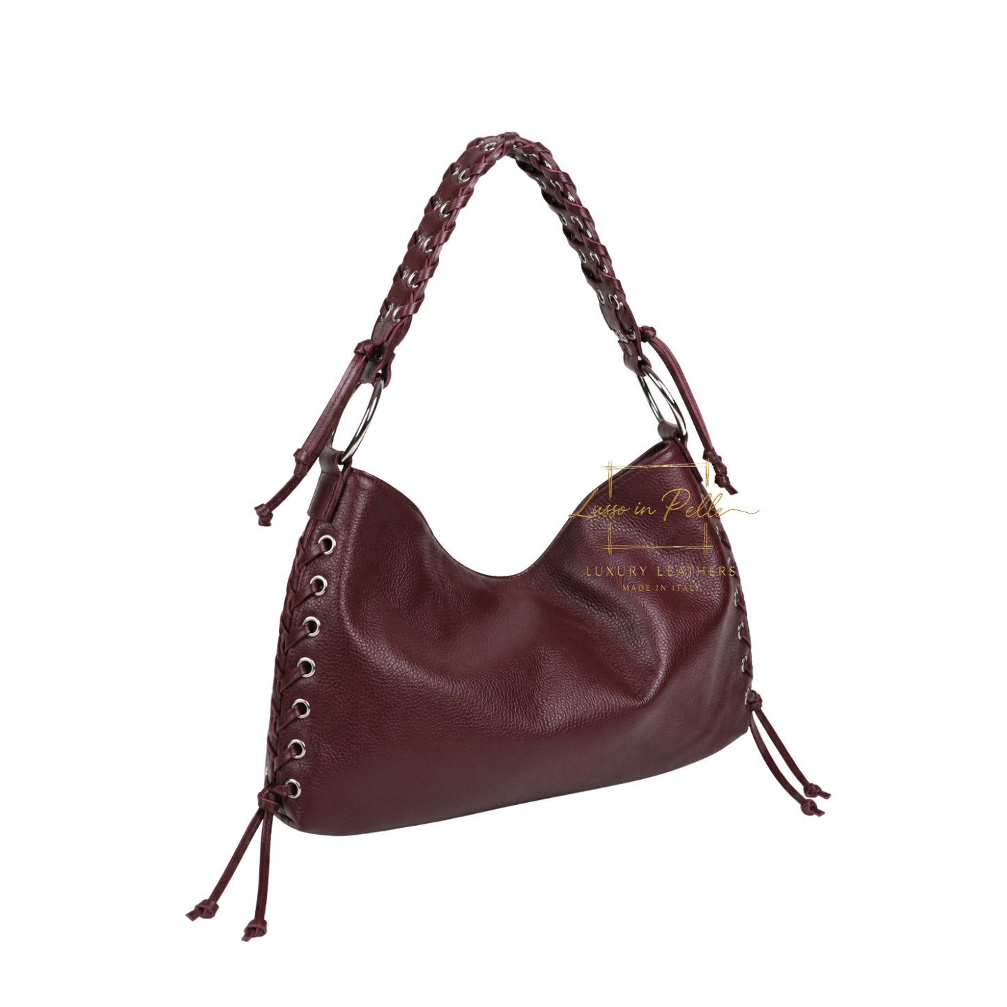 Genuine Leather Shoulder Bag with Lace-Up Detail