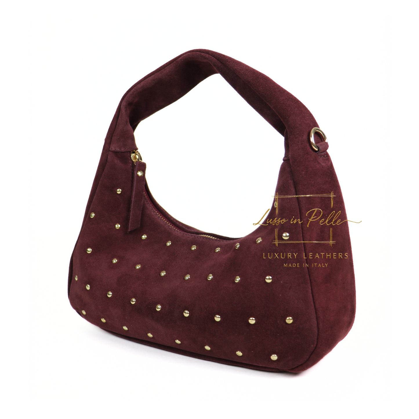 Soft Genuine Suede Shoulder Bag with Gold Stud Detail