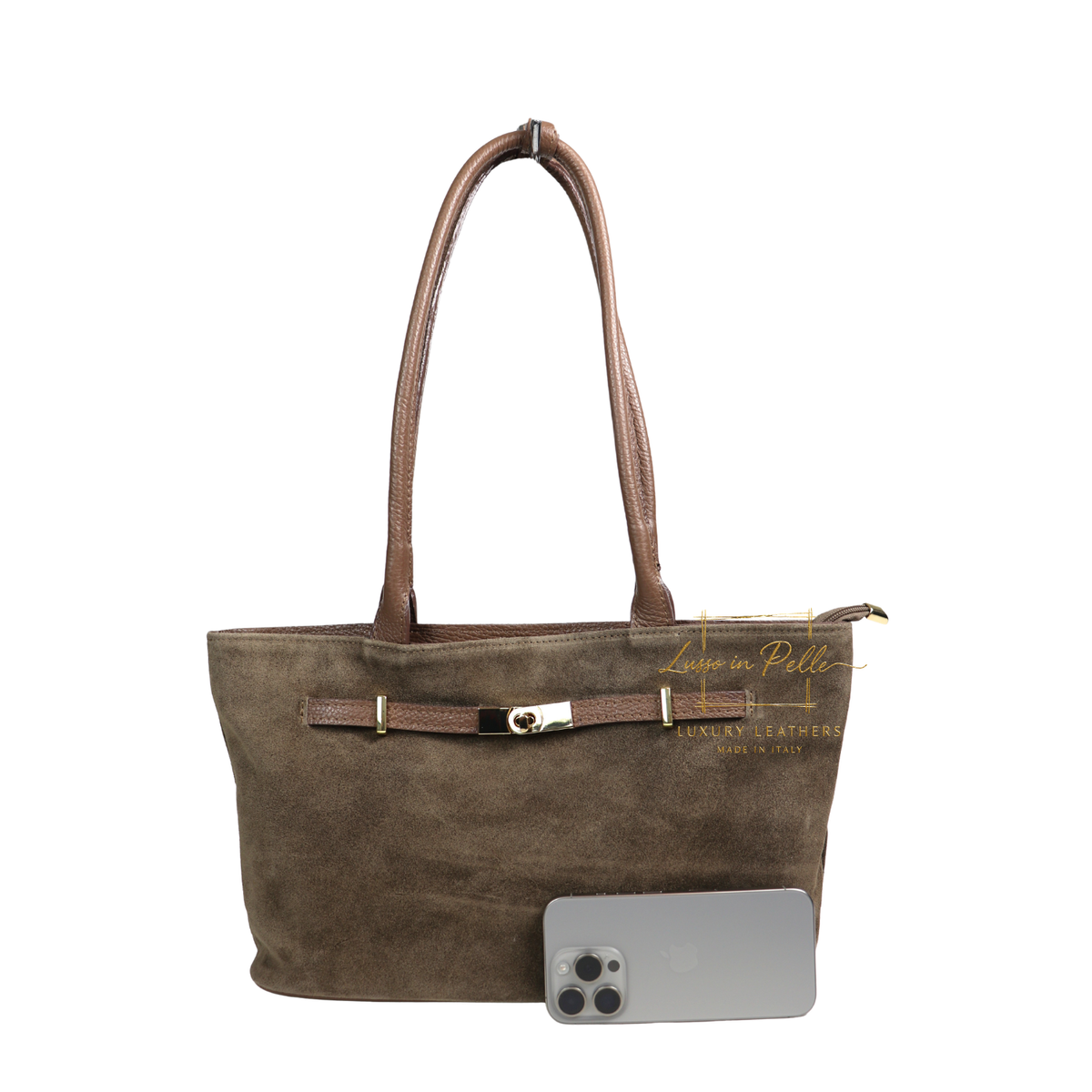 Genuine Leather Suede Shoulder Bag with Gold Turn Lock Detail