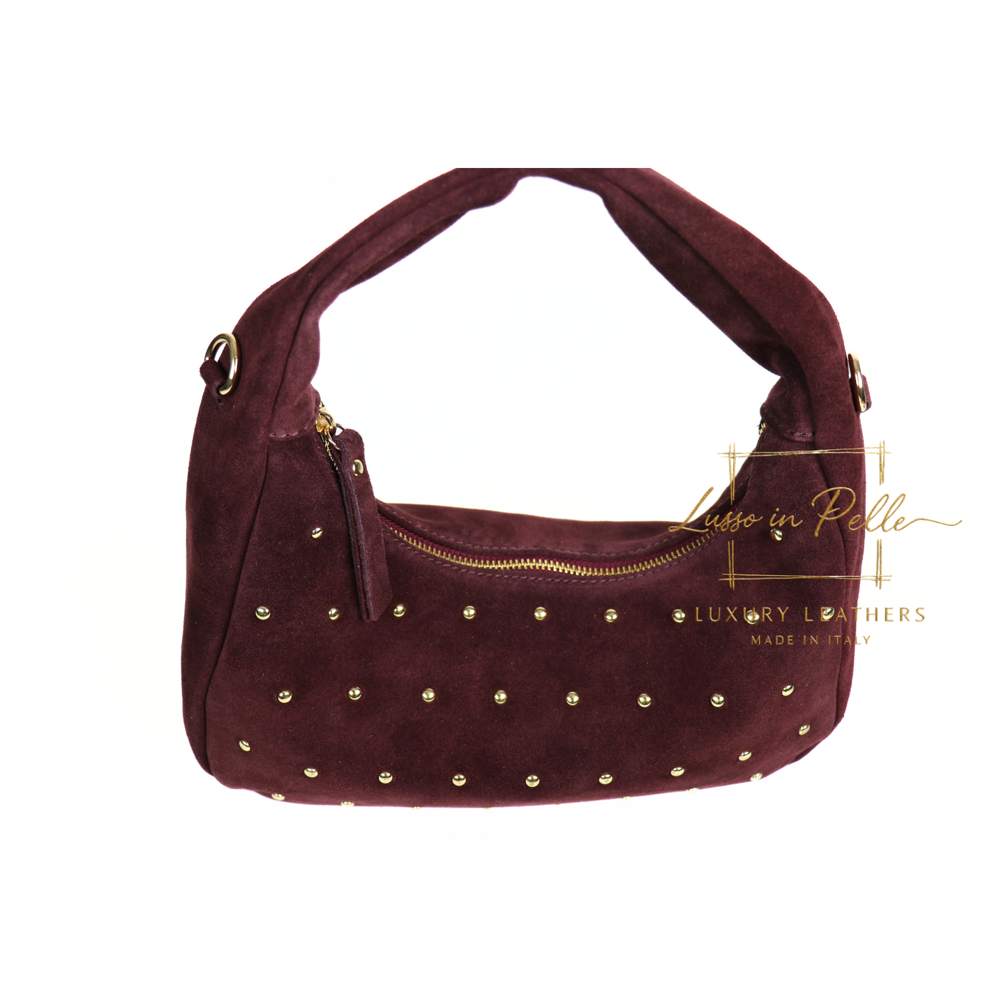 Soft Genuine Suede Shoulder Bag with Gold Stud Detail