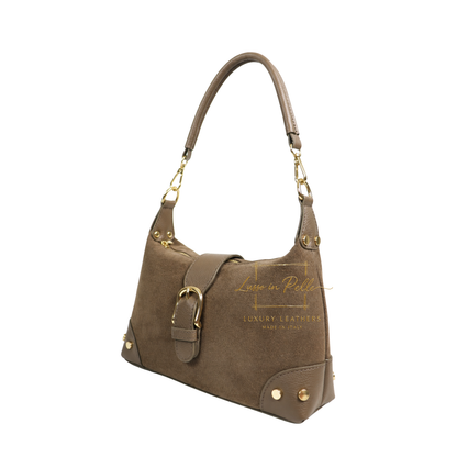 Genuine Suede & Leather Shoulder Bag with Buckle Detail