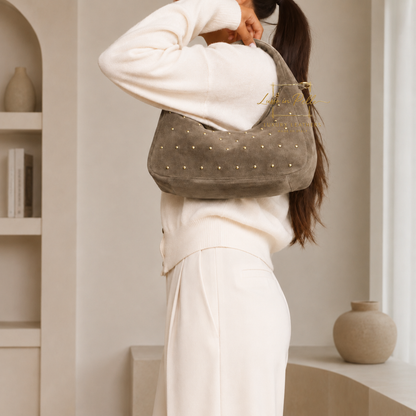 Soft Genuine Suede Shoulder Bag with Gold Stud Detail