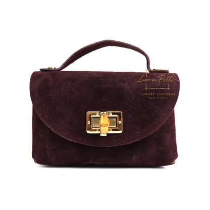Genuine Suede Mini Top Handle Bag with Bamboo Twist Lock & Chain Strap