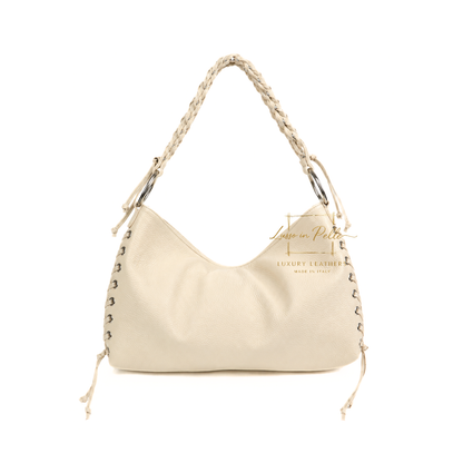 Genuine Leather Shoulder Bag with Lace-Up Detail