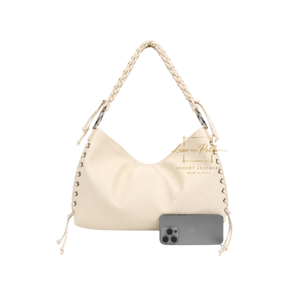 Genuine Leather Shoulder Bag with Lace-Up Detail