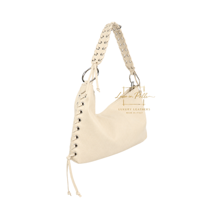 Genuine Leather Shoulder Bag with Lace-Up Detail
