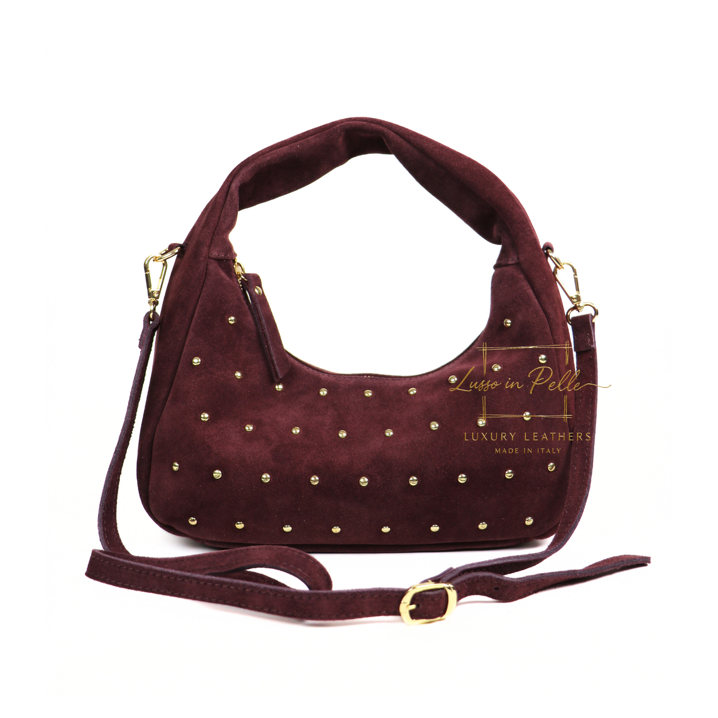 Soft Genuine Suede Shoulder Bag with Gold Stud Detail