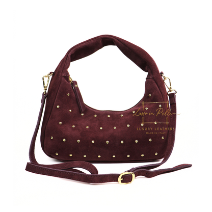 Soft Genuine Suede Shoulder Bag with Gold Stud Detail