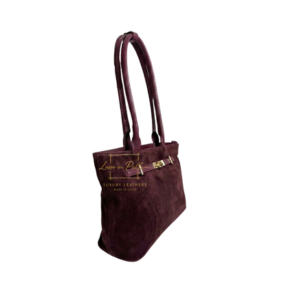 Genuine Leather Suede Shoulder Bag with Gold Turn Lock Detail
