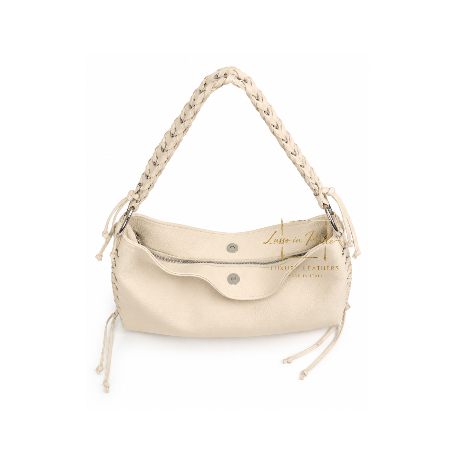 Genuine Leather Shoulder Bag with Lace-Up Detail