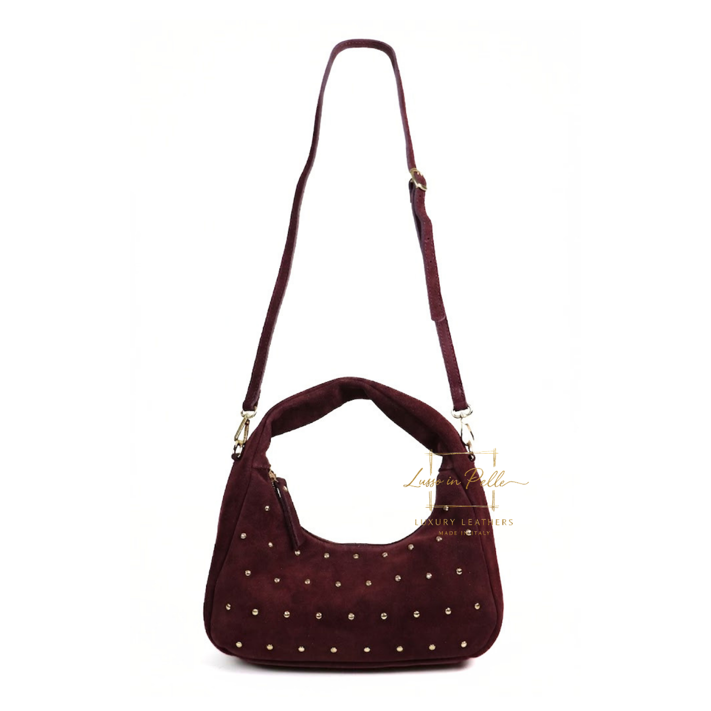 Soft Genuine Suede Shoulder Bag with Gold Stud Detail