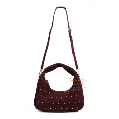 Soft Genuine Suede Shoulder Bag with Gold Stud Detail
