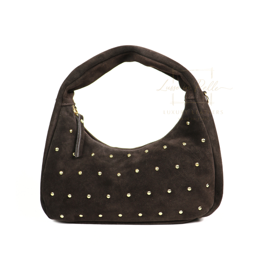 Soft Genuine Suede Shoulder Bag with Gold Stud Detail