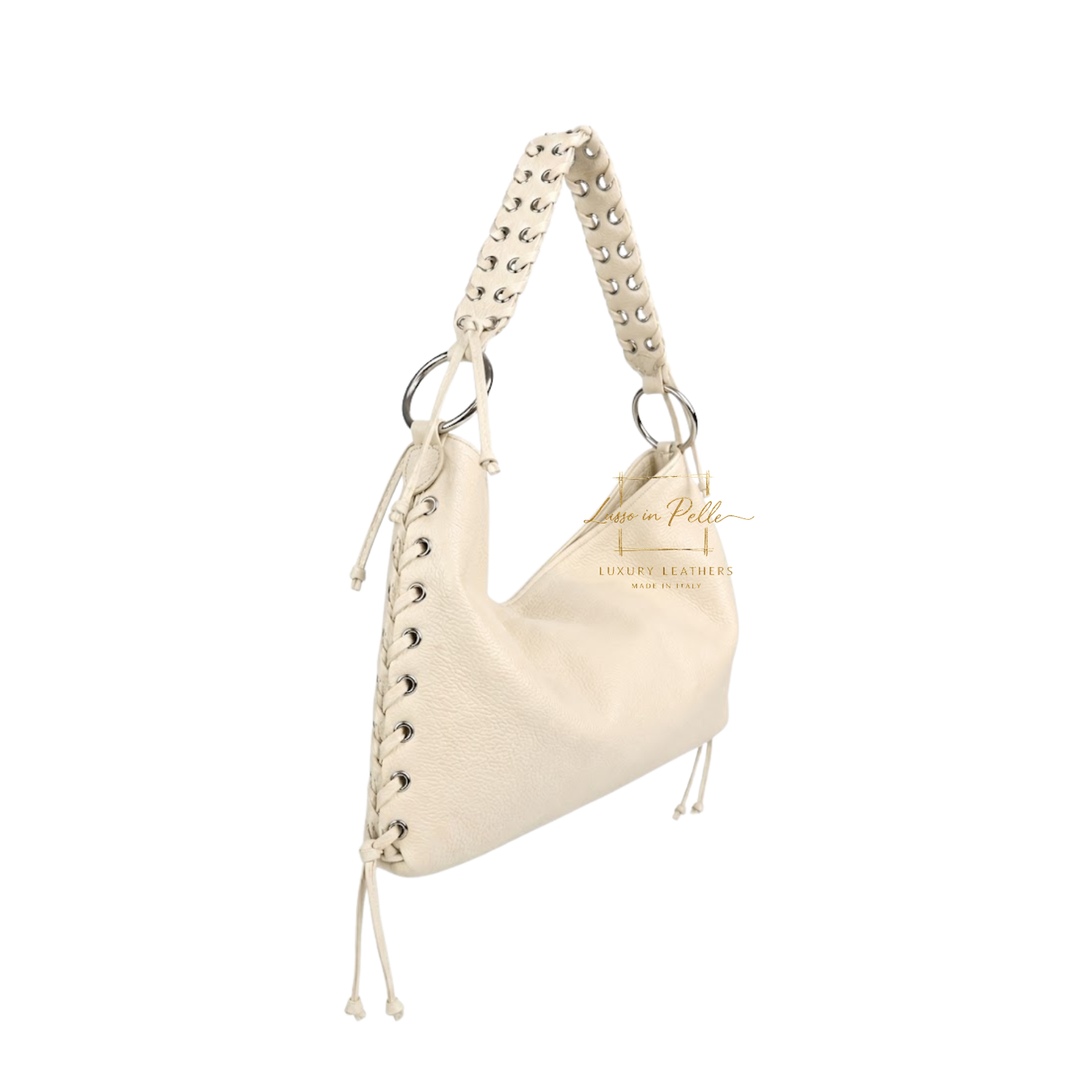 Genuine Leather Shoulder Bag with Lace-Up Detail