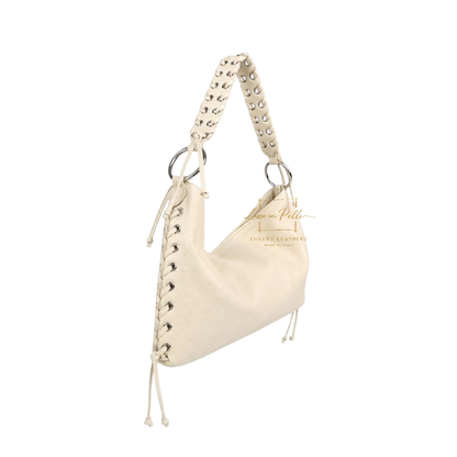 Genuine Leather Shoulder Bag with Lace-Up Detail