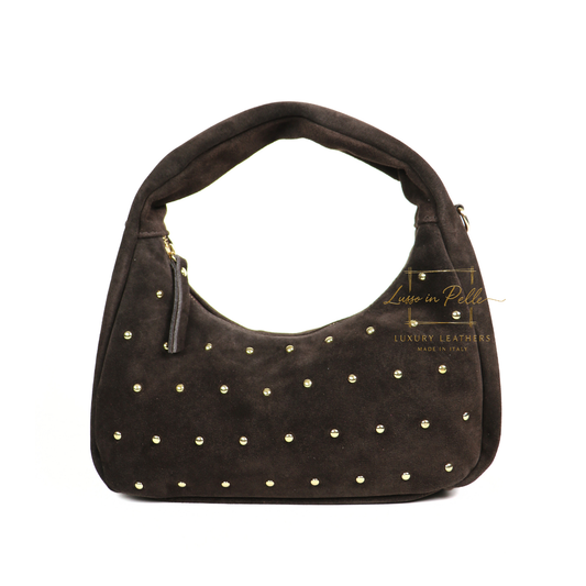 Soft Genuine Suede Shoulder Bag with Gold Stud Detail