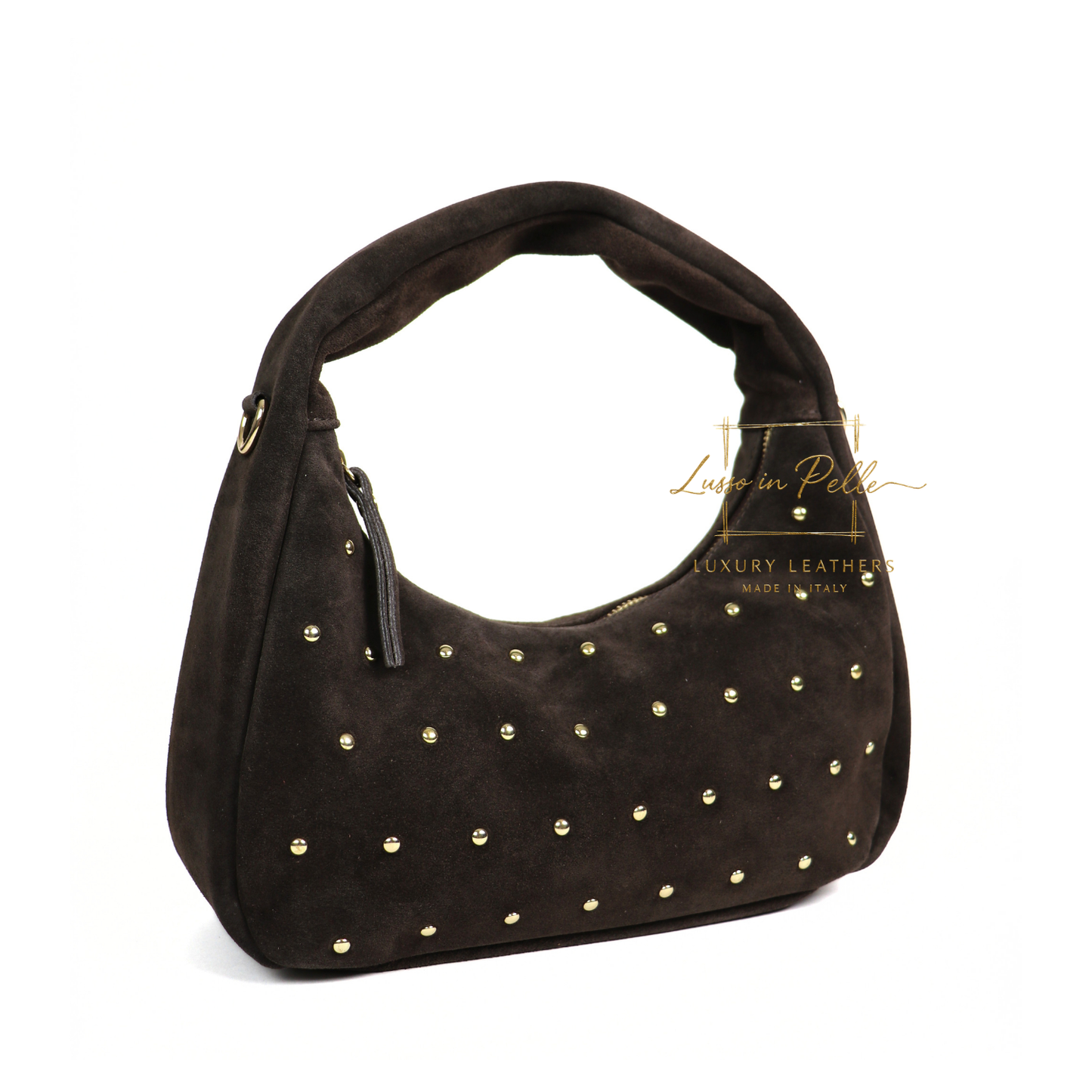 Soft Genuine Suede Shoulder Bag with Gold Stud Detail