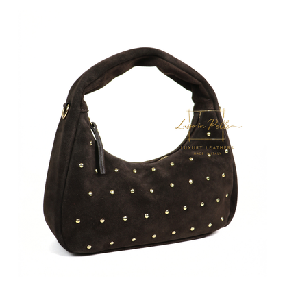 Soft Genuine Suede Shoulder Bag with Gold Stud Detail