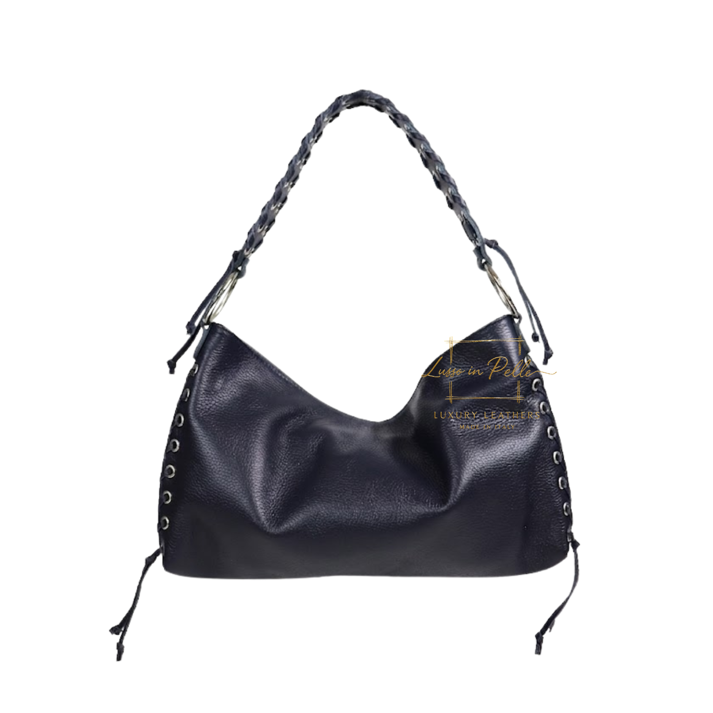 Genuine Leather Shoulder Bag with Lace-Up Detail