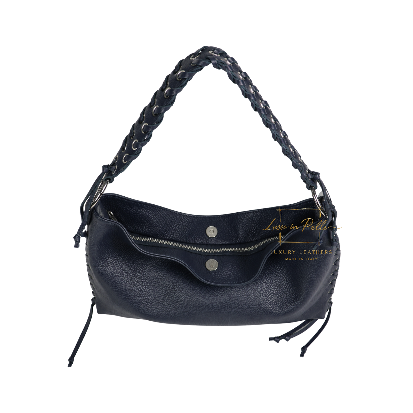 Genuine Leather Shoulder Bag with Lace-Up Detail
