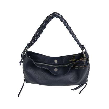 Genuine Leather Shoulder Bag with Lace-Up Detail