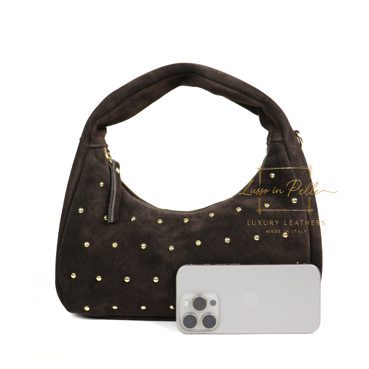 Soft Genuine Suede Shoulder Bag with Gold Stud Detail