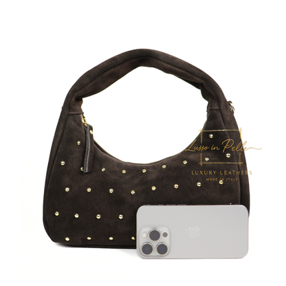 Soft Genuine Suede Shoulder Bag with Gold Stud Detail