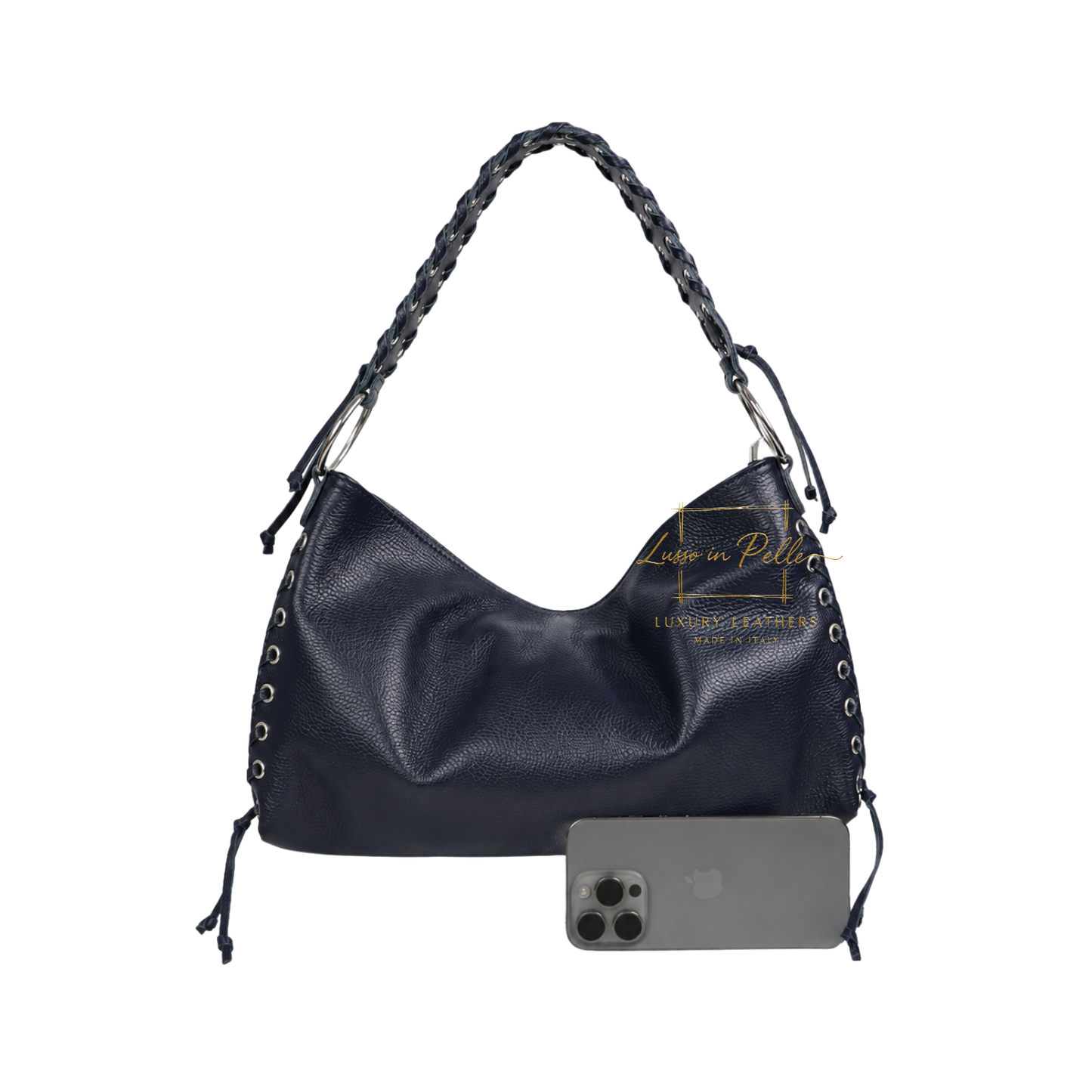 Genuine Leather Shoulder Bag with Lace-Up Detail