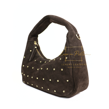 Soft Genuine Suede Shoulder Bag with Gold Stud Detail