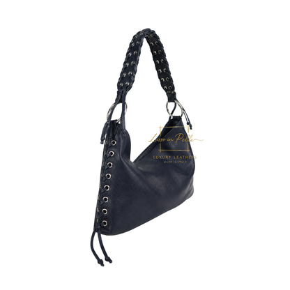 Genuine Leather Shoulder Bag with Lace-Up Detail