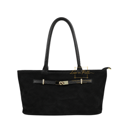 Genuine Leather Suede Shoulder Bag with Gold Turn Lock Detail