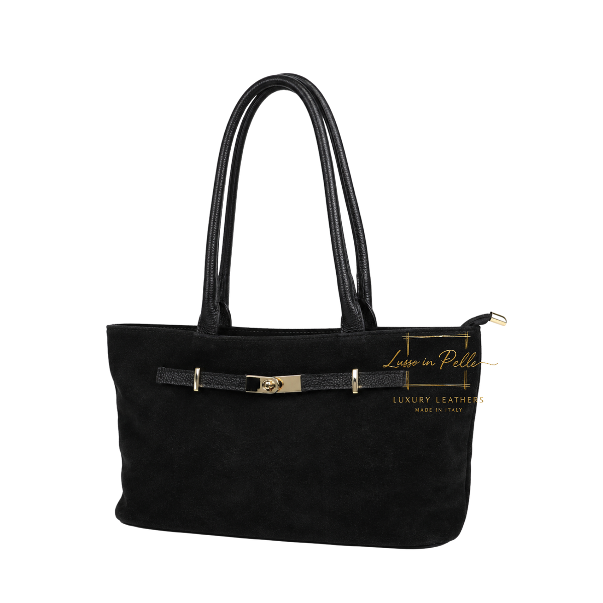 Genuine Leather Suede Shoulder Bag with Gold Turn Lock Detail